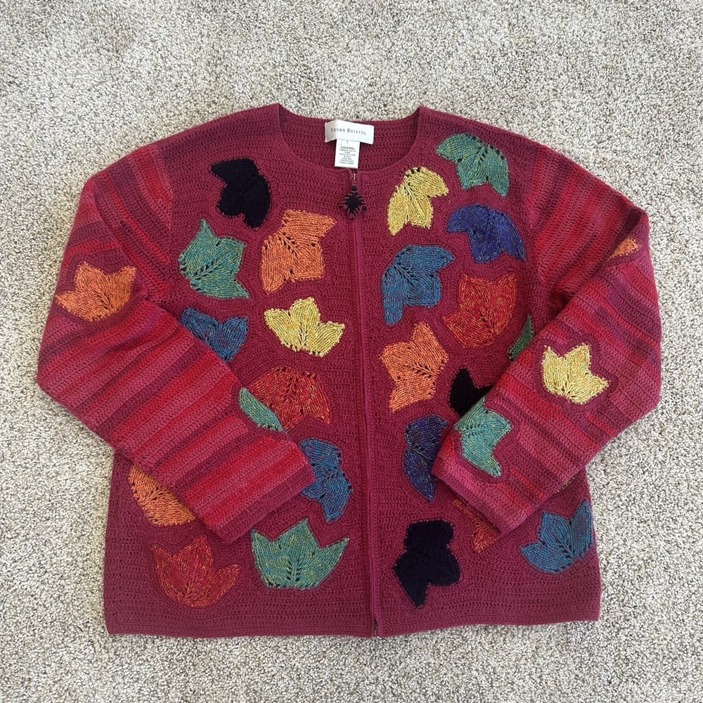 Women's Vintage Knit‎ Susan Bristol Large Full Zip Cardigan Sweater Fall Leaves